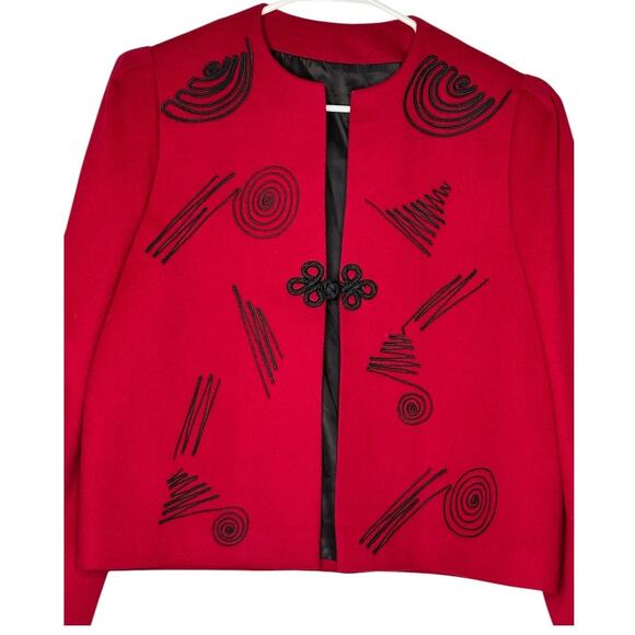 Vintage Red Wool Cropped collarless blazer black accents & frog goggle size M - Picture 10 of 17